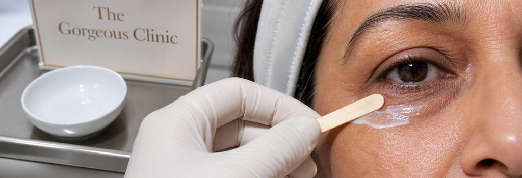 Photorealistic close-up of a clinician's gloved hand applying topical preparation to an under-eye area, partial face crop showing mature South Asian/Indian skin, soft clinical lighting, sterile tray in background, single focal point, editorial medical-aesthetics feel.