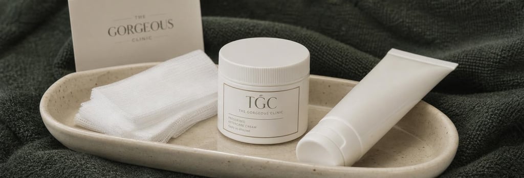 Photorealistic still life of aftercare objects on a cream ceramic tray: sterile gauze, a small jar of prescribed cream, a broad-spectrum sunscreen tube without visible branding, forest green towel background, elegant clinical composition, single focal point.