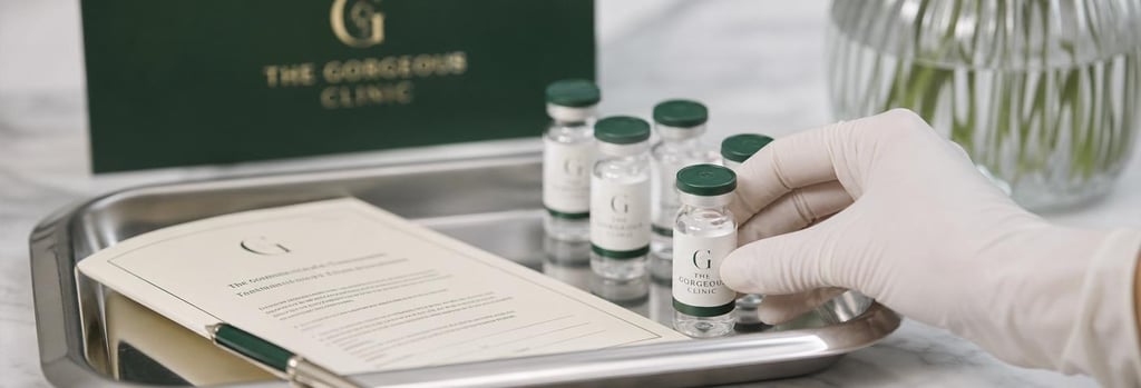 Photorealistic still life of a sterile tray with glass vials, a folded consent form (text not readable), and a gloved hand adjusting a vial, premium clinical materials, forest green and soft cream accents, single focal point, editorial medical-aesthetics styling.