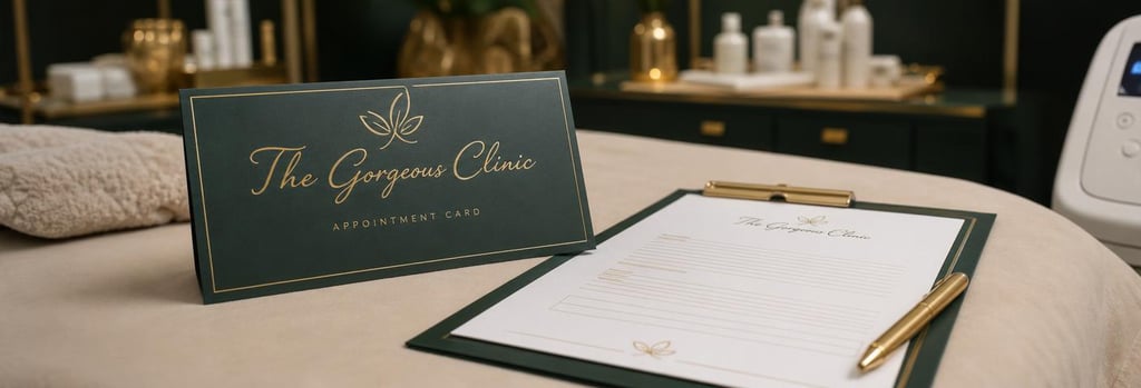 Photorealistic close-up of a polished appointment card and consent form on a treatment-room surface, forest green and warm gold accents, single focal point, subtle reflection, no readable text, elegant medical-aesthetics styling.