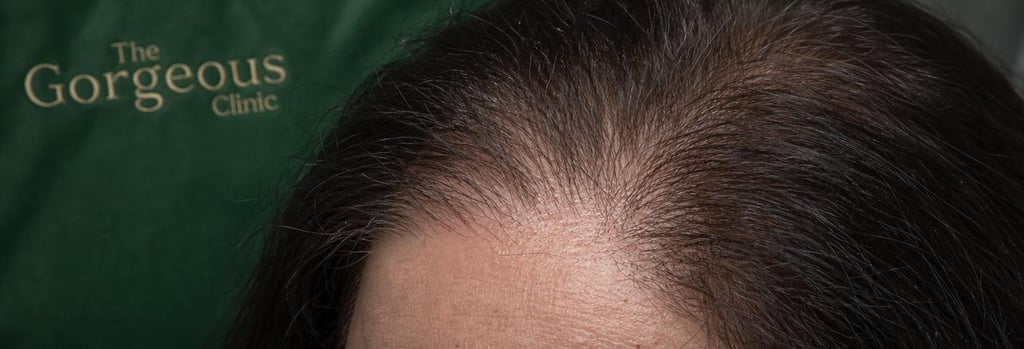 Photorealistic close-up of mature scalp texture and hair follicles under soft clinical light, partial view of a patient's scalp (no full face), natural hair colour, forest green treatment room fabric in background, editorial feel, clear single focal point, realistic skin texture