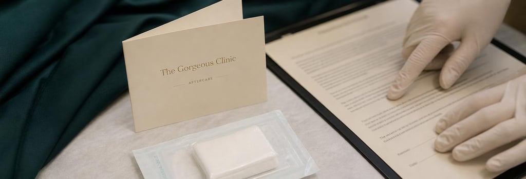 Photorealistic close-up of an elegant consultation detail: a folded aftercare card, a sterile gauze pack, and gloved hands pointing to a non-readable consent form on cream paper, forest green fabric nearby, editorial medical-aesthetics styling, single focal point, no faces or branding