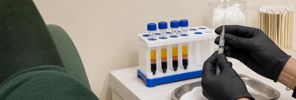 Photorealistic still life of a sterile centrifuge tube rack and gloved hands holding a small syringe, subtle inclusion of a treatment chair fabric in forest green, clean cream background, editorial clinical detail, single focal point, varied ethnicity suggestion: Latina or Hispanic patient context, no faces, no branding