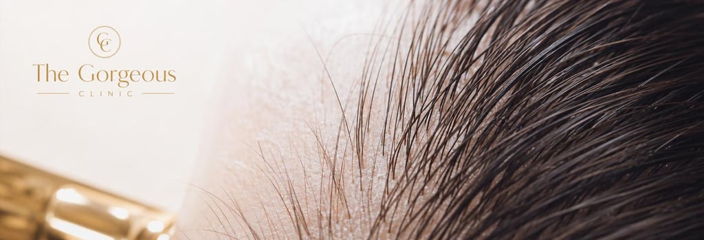 Photorealistic macro image of healthy hair shafts and improved thickness on a scalp section, soft clinical lighting, cream and warm gold accents, single focal point, elegant medical-aesthetic texture study, no faces, realistic hair detail
