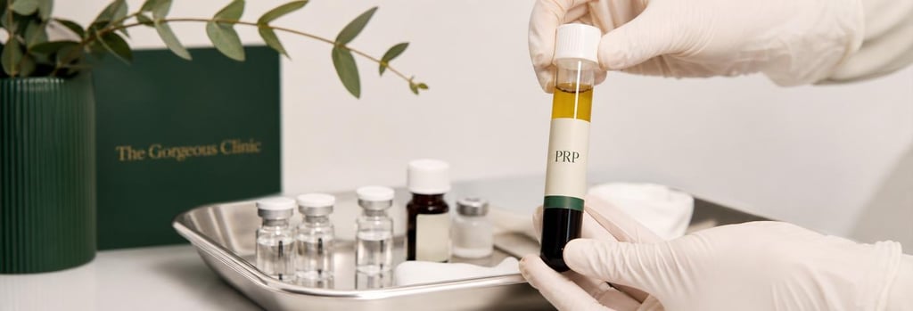 Photorealistic close-up of a sterile tray with small glass vials and a labelled, capped PRP vial, gloved hands in soft clinical lighting, forest green and cream accents, editorial medical-aesthetics styling, single focal point, generous negative space, no visible text or branding