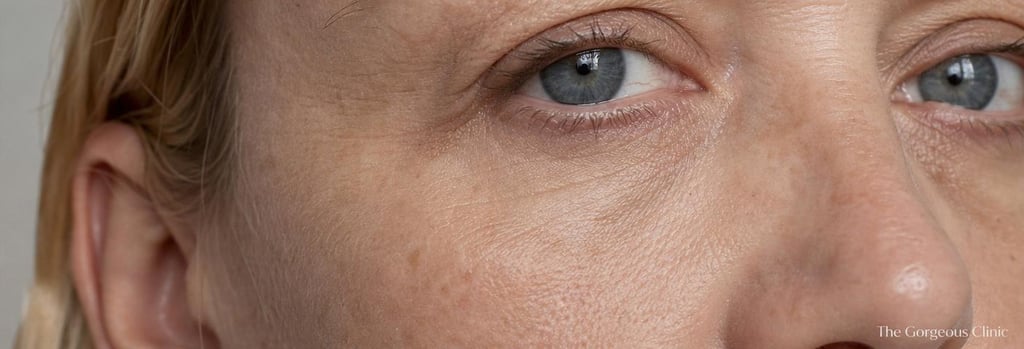 Photorealistic close-up of mature skin texture: under-eye and cheek area of a face (no full face), realistic pores, fine lines, natural lighting, neutral clinical background, focus on skin detail and texture, premium editorial feel.