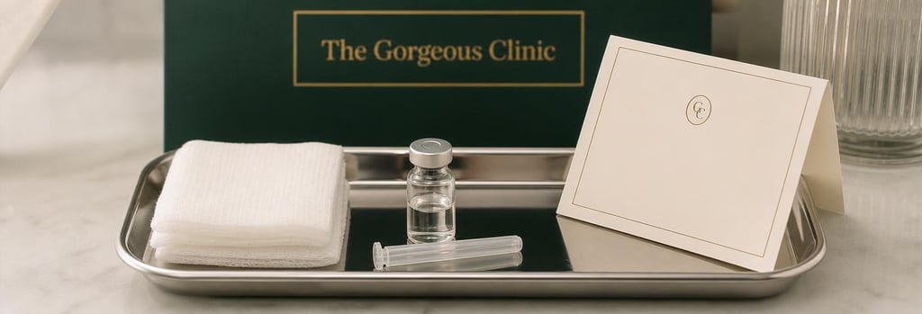 Photorealistic close-up of a polished sterile tray with gauze, small glass vial, sterile syringe cap and folded aftercare card (without readable text), forest green and cream tones, soft studio lighting, tidy clinical composition.