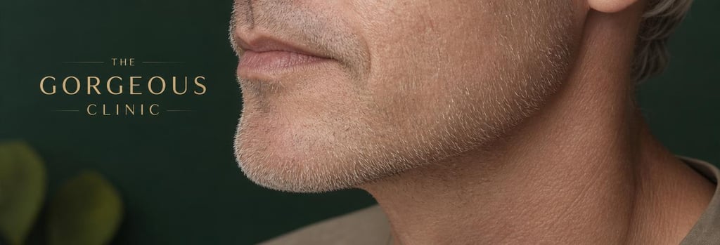Photorealistic macro image of jawline and lower cheek detail: subtle healthy skin texture and soft natural lighting, partial face of a white masculine man (mid-50s), tasteful clinical composition, forest green background accents, premium editorial aesthetic.
