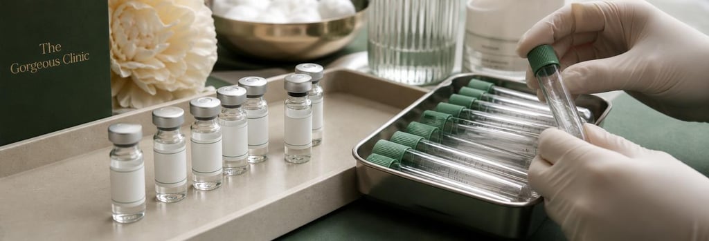 Photorealistic still life of glass vials and gloved hands: sterile tray with centrifuge tubes, clear small vials labeled generically without readable text, gloved hands holding a tube, forest green and cream tones, editorial medical-aesthetics styling, no blood visible, calm flattering light.