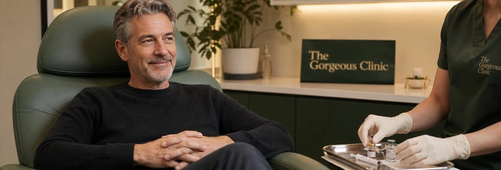 Photorealistic editorial image of a white masculine man (mid-50s) seated in a premium treatment chair, cropped to show a calm smiling expression and hands folded, gloved clinician's hands preparing a sterile tray with vials and syringe nearby, forest green upholstery and soft cream accents, warm flattering light, clinical-luxury feel.