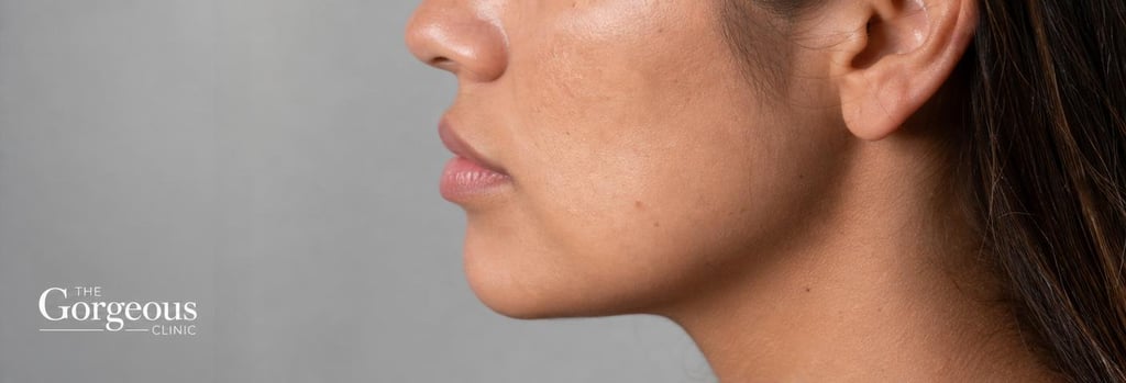 Photorealistic close-up of a Latina subject's lower face and jawline in soft clinical lighting, cropped profile showing subtle contours, realistic skin texture, editorial medical-aesthetics styling, hint to varied ethnicity across the series.