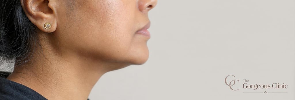 Photorealistic close-up of a jawline profile detail on a mature South Asian/Indian subject, showing the masseter area in soft clinical lighting, realistic skin texture, shallow depth of field, elegant medical-aesthetic styling, no needles entering skin, generous negative space.