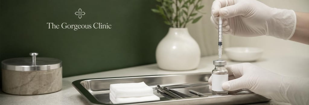 Photorealistic still life of a sterile tray with gloved hands preparing a syringe and small labelled vial, soft forest green and cream background, polished metal instruments, editorial medical-aesthetic styling, no readable labels.