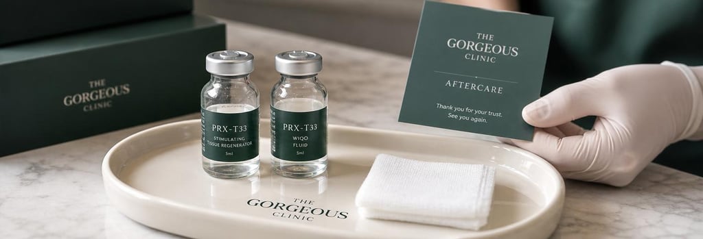 Photorealistic close-up of polished glass vials and a small sterile gauze pad on a cream ceramic tray, gloved hand holding an aftercare card out of focus, premium clinical-luxury feel with forest green accents.