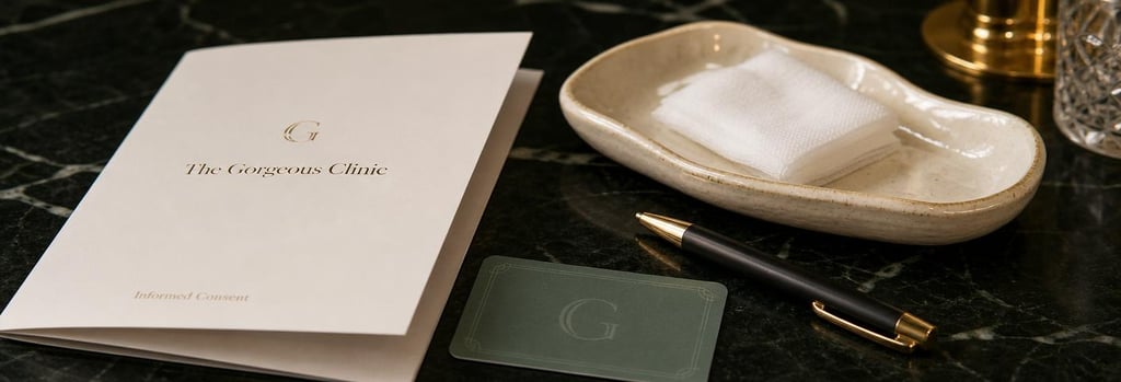 Photorealistic still life of a consultation desk detail: folded consent form, appointment card without readable text, a pen and a small cream ceramic tray with gauze, warm gold and forest green accents, editorial medical-aesthetic styling.