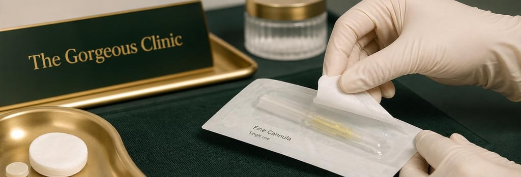 Photorealistic close-up of gloved hands opening a sterile single-use cannula packet on a clinical tray, forest green and brushed gold accents, soft clinical lighting, editorial sterile still life, clear focal point, non-graphic.