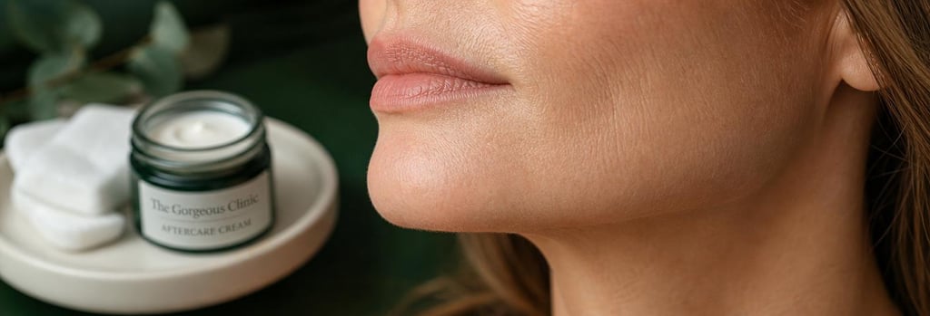 Photorealistic macro image of a refined jawline close-up with subtle contour, showing realistic mature skin texture, small tasteful jar of aftercare cream and gauze on a cream ceramic tray, forest green background hint, editorial medical-aesthetic feel, single focal point.