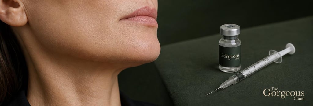 Photorealistic macro image of a mature jawline close-up showing skin texture and subtle chin contour, soft clinical lighting, forest green treatment surface in background, single sterile syringe and vial placed to the side, editorial medical-aesthetic feel, clear focal point, generous negative space, realistic skin detail.