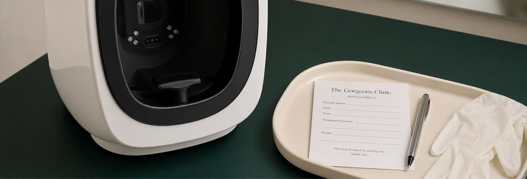 Photorealistic close-up of skin analysis device and an appointment note on a cream ceramic tray, medical-aesthetic objects only, forest green background accent, sterile tray with gloves and a pen visible, editorial clinical still life, negative space, no branding.