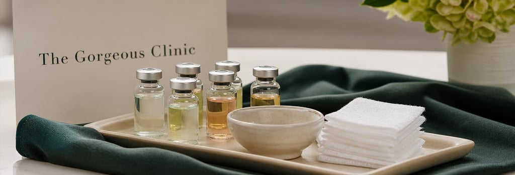 Photorealistic still life of glass vials with peel solutions, folded sterile gauze and a small ceramic aftercare bowl on a cream tray, forest green cloth accent, editorial medical composition, no branding or readable labels.