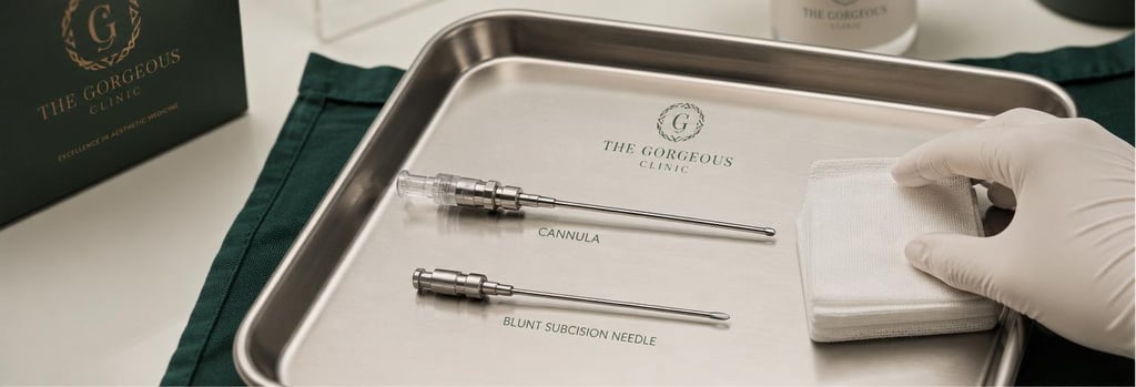 Photorealistic still life of polished cannula and blunt subcision needle on a sterile tray, gloved hand holding gauze nearby, soft cream and forest green accents, editorial clinical composition, no graphic procedure imagery.