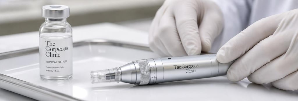 Photorealistic close-up of a microneedling pen on a sterile tray, gloved hands preparing the device, glass vial of topical serum beside it, soft clinical lighting, premium medical still life, negative space for layout.