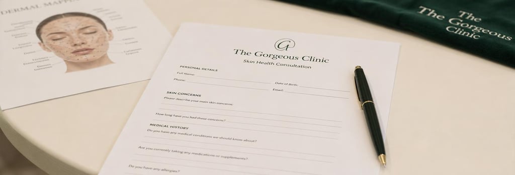Photorealistic close-up of a consultation form on a cream desk, a pen placed neatly, partial blurred image of a dermal mapping diagram in background, forest-green fabric edge visible, editorial clinical lighting