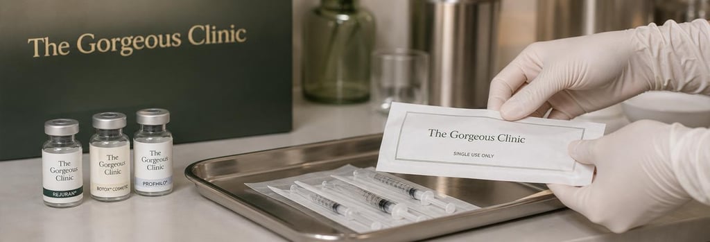 Photorealistic still life of glass vials and a sterile tray with syringes, gloved hands placing a single-use wrapper, soft cream and forest-green tones, shallow depth of field, premium clinical detail
