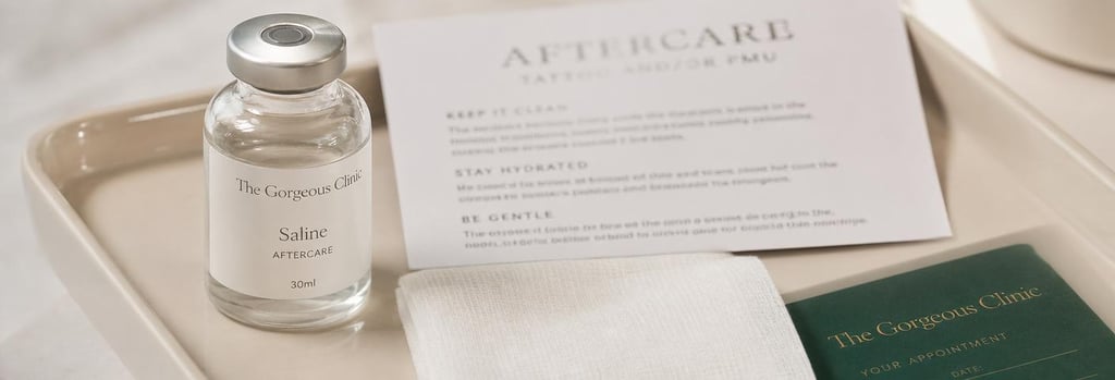 Photorealistic close-up of aftercare items on a cream ceramic tray: a small glass jar of saline, a folded aftercare leaflet blurred, a soft gauze pad and a green appointment card edge, gentle warm studio light