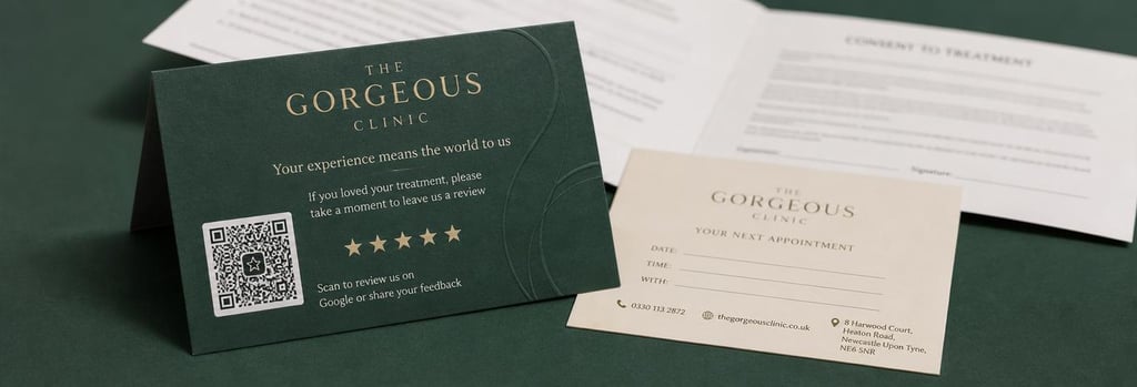 Photorealistic close-up of a printed review card and a cream appointment card on a forest-green surface, folded consent form blurred in background, soft editorial light, single focal point, premium clinical details