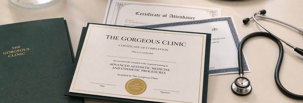 Photorealistic still life of stacked professional certificates and a neat stethoscope on a cream desk, a forest-green folder edge visible, soft warm light, clear medical-aesthetic focus, single focal point