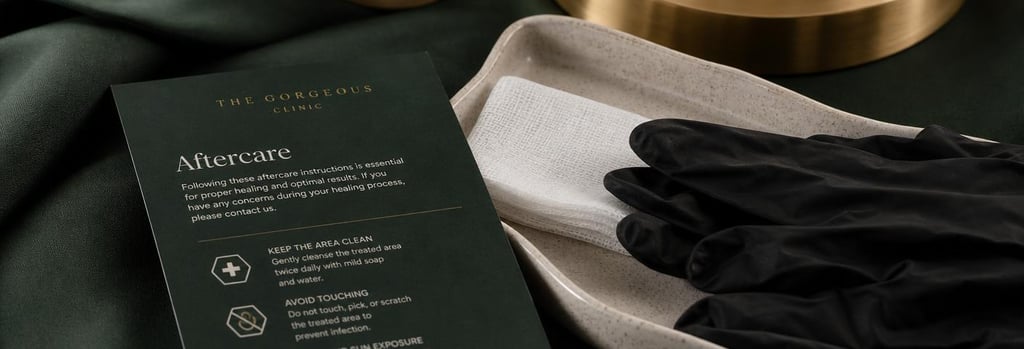 Photorealistic still life of an aftercare card and a small cream ceramic tray, gauze and a pair of gloves, shallow depth of field, forest green fabric and brushed gold detail, editorial clinical-luxury composition