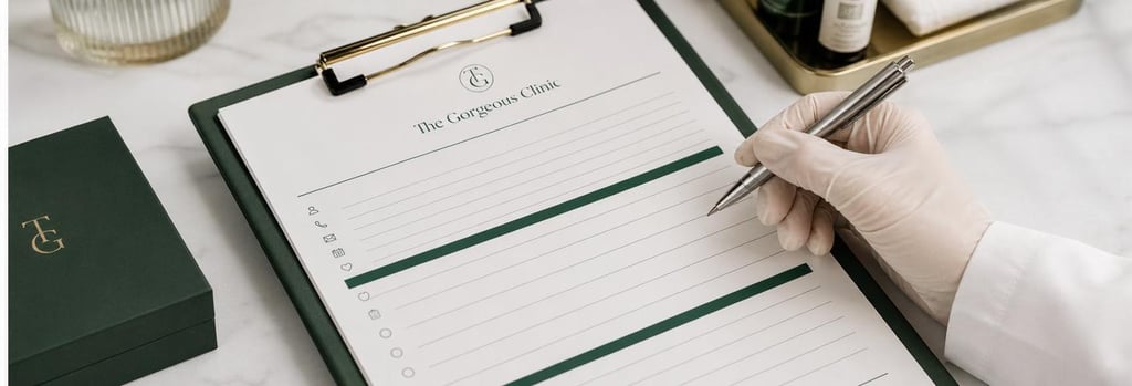 Photorealistic close-up of a consultation form on a clean treatment surface, a gloved hand holding a pen, forest green and cream tones, single focal point on the form without readable text, editorial clinical detail