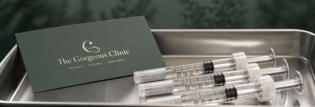 Photorealistic close-up of polished syringes on a sterile tray, muted forest green and warm cream background, editorial clinical detail, single focal point, no needles penetrating skin