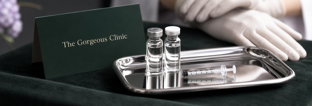 Photorealistic still life of polished sterile tray with two glass vials and a small syringe, gloved hands out of focus, forest green cloth underlay, elegant clinical-luxury lighting, negative space, editorial feel, no branding, no needles entering skin.