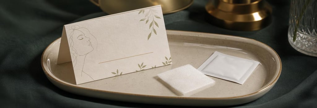 Photorealistic close-up of a folded aftercare card on a cream ceramic tray, small gauze pad and antiseptic wipe, forest green background fabric, warm gold accents, shallow depth-of-field, editorial clinical feel, readable text avoided, no branding.