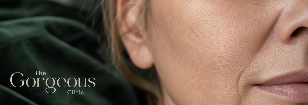 Photorealistic macro image of mature skin texture on a cheek, soft clinical lighting, forest green fabric in the out-of-focus background, realistic pores and fine lines visible, editorial medical-luxury feel, no heavy retouching.
