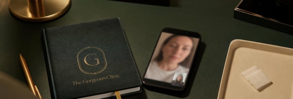 Photorealistic still life of a clinician's notebook and a smartphone showing a blurred video call thumbnail, cream tray with small gauze, forest green background, warm gold light, editorial clinical aftercare composition, no readable text.