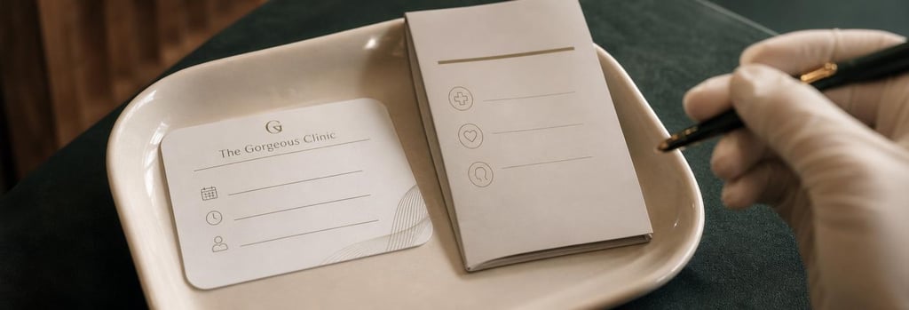 Photorealistic close-up of a polished appointment card and a folded consent form on a cream ceramic tray, gloved hand holding a pen out of focus, forest green cloth beneath, soft warm light, editorial clinical detail, no readable text or branding.