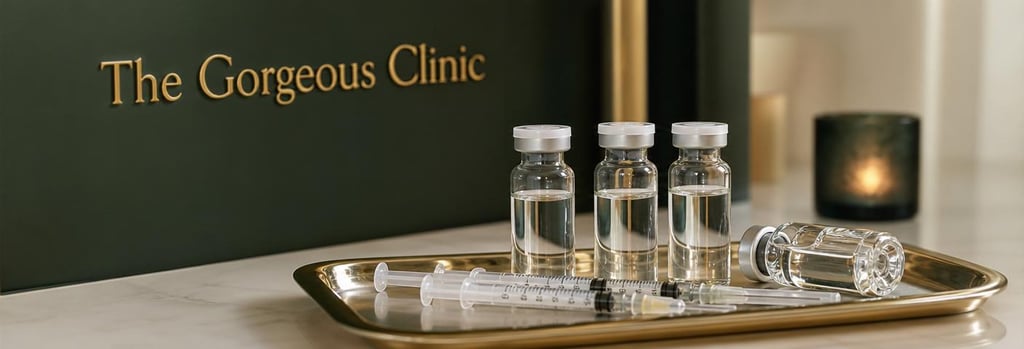 Photorealistic close-up of a sterile tray with polished syringes and glass vials on a clinic surface, elegant medical-luxury styling, forest green and warm gold accents, shallow depth of field, single focal point, negative space, no branding.