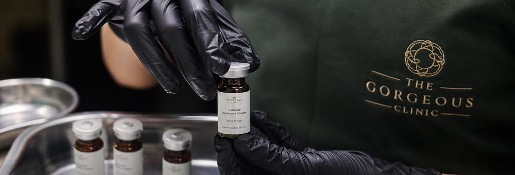 Photorealistic still life of a clinician's hands in nitrile gloves holding a single vial above a sterile tray, soft clinical lighting, forest green cloth in background, editorial medical-luxury mood, sharp focus on vial and hands.