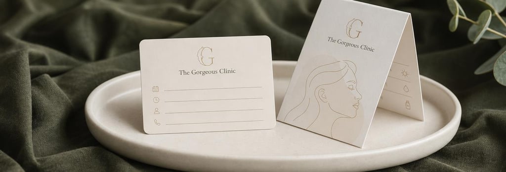 Photorealistic still life of an appointment card and folded aftercare leaflet on a cream ceramic tray, forest green fabric in background, soft editorial lighting, clear clinic-related subject, no readable text.