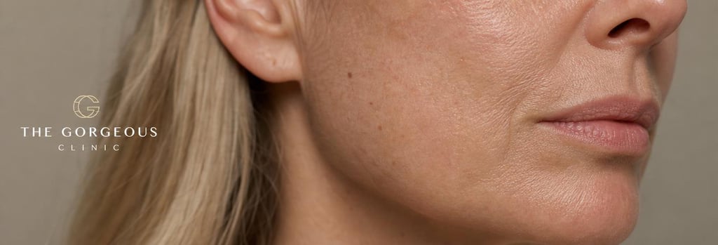 Photorealistic macro image of mature cheek and jawline skin texture in flattering clinical light, realistic pores and fine lines visible, single focal point, elegant medical-luxury tone, no exaggerated smoothing.
