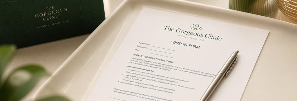 Photorealistic close-up of a printed consent form and a sterile pen on a cream ceramic tray, soft warm lighting, forest green background accent, clear medical-aesthetic subject, negative space for layout.