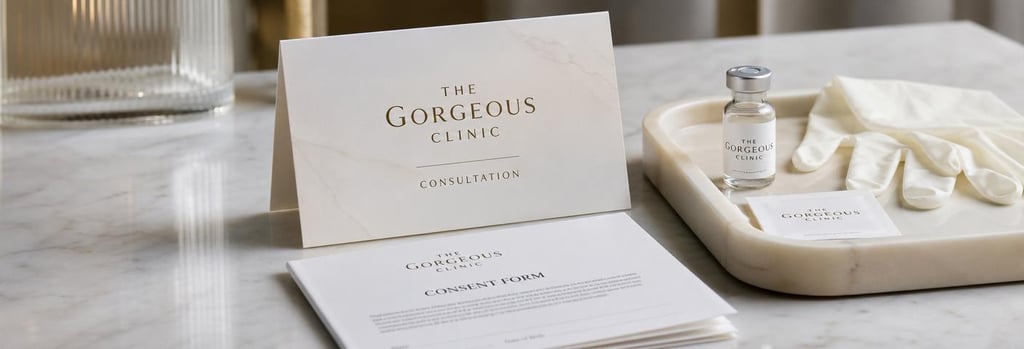 Photorealistic still life of a polished consultation card and folded consent form on a marble-clad table, cream ceramic tray, small vial and sterile gloves visible, elegant clinical-luxury styling, shallow depth-of-field, negative space, refined textures