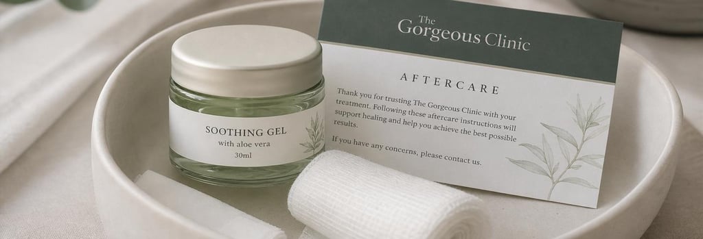 Photorealistic close-up of an aftercare kit: soft cream ceramic tray with a small jar of soothing gel, gauze, and an aftercare card, neutral and muted green tones, editorial clinical still life, single focal point, elegant textures