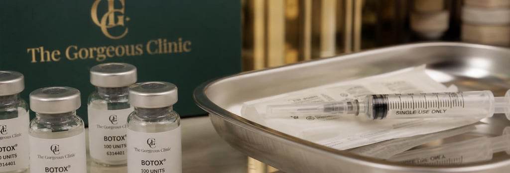 Photorealistic close-up of glass vials and a sterile tray with a capped syringe, soft gold and muted green backdrop, editorial clinical detail, shallow depth-of-field, realistic textures, no needles entering skin