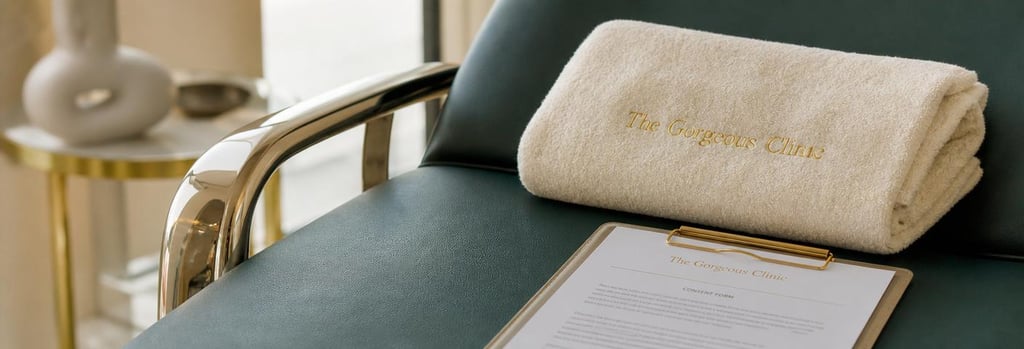 Photorealistic close-up of a treatment chair detail: folded cream towel on forest green upholstery, polished metal arm of chair and a consent form visible but unreadable, soft gold accents, editorial clinic material study, single focal point