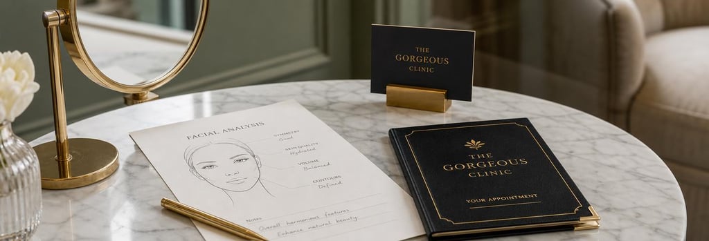 Photorealistic editorial image of an elegant consultation scene detail: marble table with facial analysis notes, a mirror, and a luxurious leather-bound appointment card, soft gold accents and muted green background, refined clinic interior style, shallow depth-of-field, tasteful hotel-lounge style surroundings
