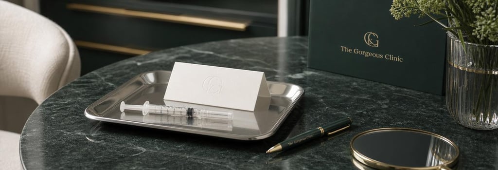 Photorealistic still life of a consultation table: a sterile tray with a capped syringe, a folded aftercare card (no readable text), a pen and a small mirror. Editorial clinical-luxury feel, forest-green and cream accents, shallow depth of field, single focal point on the tray, photorealistic.